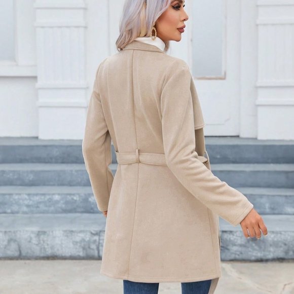 Khaki Preppy Womens Zip Up Belted Coat - Picture 3 of 5